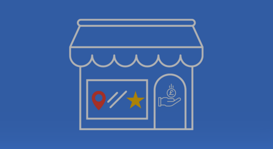 A storefront graphic with a map pin and star in the window, and a hand receiving pound sign on the door.