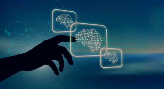A hand reaching out towards a computer chip-style brain icon.