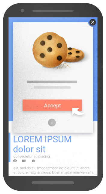 Graphic of cookie banner pop-up on a mobile.