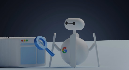 A robot with the Google 'G' logo with a magnifying glass searching through an index