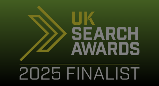 The UK Search Awards "2025 Finalist" Logo asset in yellow and white on a green and black backdrop