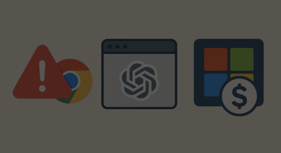 Flat-style illustration showing three icons: a Chrome warning symbol, an OpenAI browser window, and a Microsoft logo with a dollar sign, on a pale background.