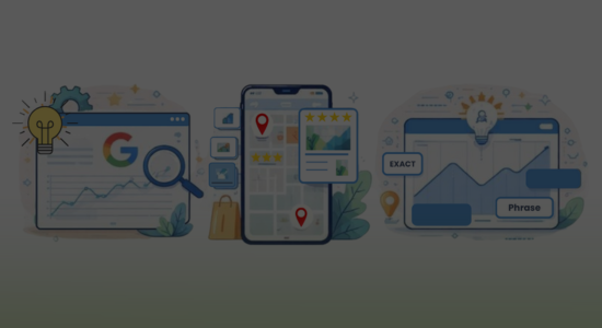 Flat-style illustration showing Google algorithm updates, Gemini local search results, and AI-driven Google Ads keyword matching.