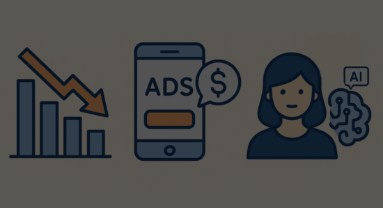 Flat-style illustration showing a declining CTR chart, a smartphone representing ads in ChatGPT, and an AI agent icon on a pale background.