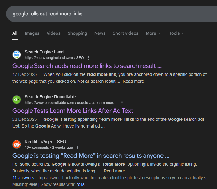 Screengrab showing the new Read more snippet links on Google's SERPs