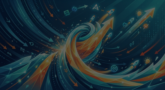 A digital illustration of blue and orange digital waves with the wave breaking into an upward arrow, signifying breaking pattern and bucking the trend