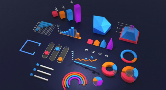 3D, colourful table and chart graphics representing charity marketing data - against a dark blue background