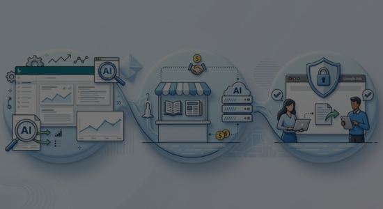 3 connected graphic representations of major updates discuss in the blog post - Bing's AI performance insights, Microsoft's PCM, and Google Ads MPA security feature