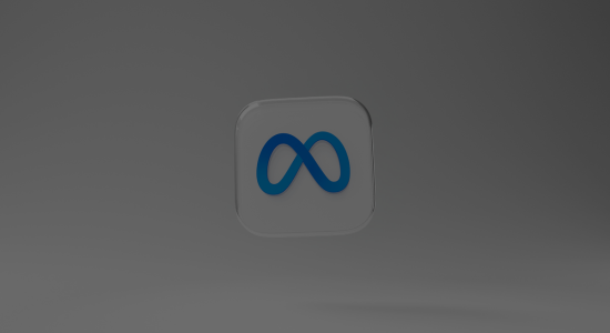 A glossy, 3D block featuring the blue Meta logo, against a shadowy white background