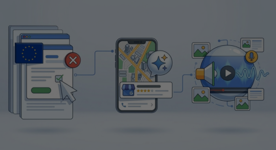 3 illustrations representing major search updates from the first half of March 2026, including Google Ads requiring confirmation of whether campaigns are related to EU politics, "Ask Maps", and auto AI voice modelling for video ads.