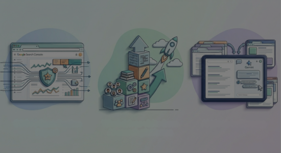Three flat-style illustrations, each depicting an important search industry update from April 2026: AI insights in Search Console, AI platform crawl and traffic data, and AI Mode in Chrome developments