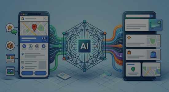 A graphically rich flow chart with illustrations indicating a flow of information from GBP into Google's AI, then out into Google Search
