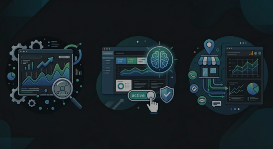 A dark landing page image featuring three clusters of flat-style illustrations. From left to right, the graphic elements show a web analytics dashboard with a rising growth chart, a central dashboard displaying AI performance data, and a local SEO dashboard connected to a digital storefront icon.