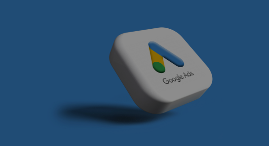 Landing page link image: A 3D white tile graphic featuring the Google Ads logo, set against a blue background.