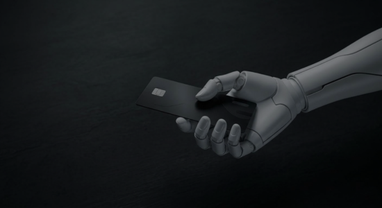 Blog post landing page image - a white robotic arm reaching from the right frame of the image, with the hand holding a black credit card.