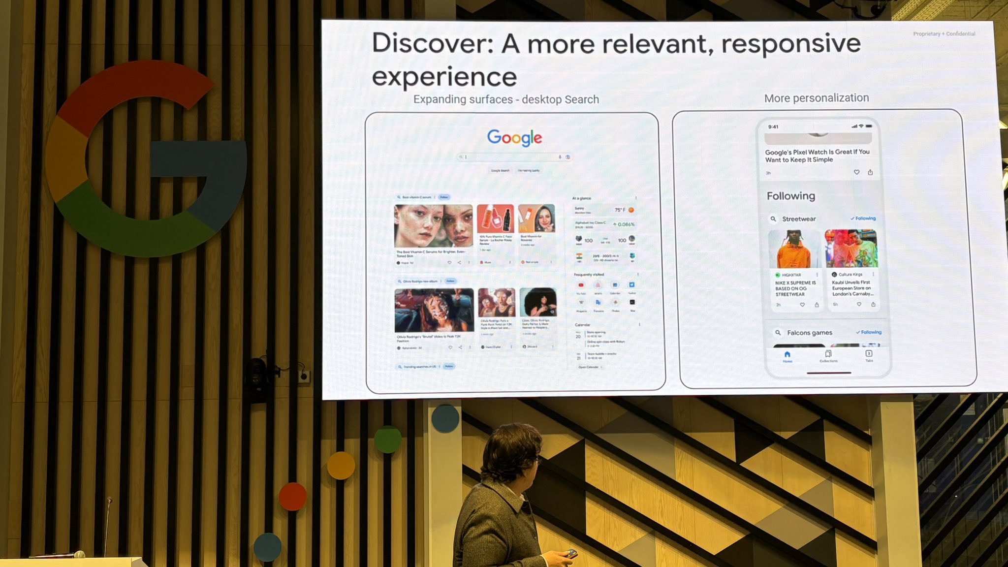 An photo taken at the April 9th Search Central event showing a slide that says Discover is coming to desktop.
