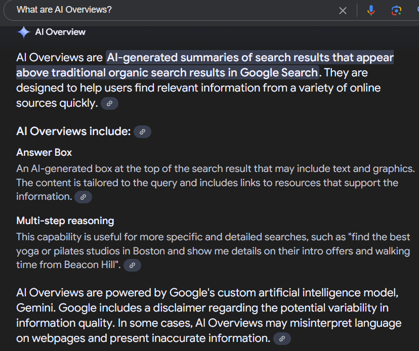 Example of AI Overview for the search term 'What are AI Overviews?'