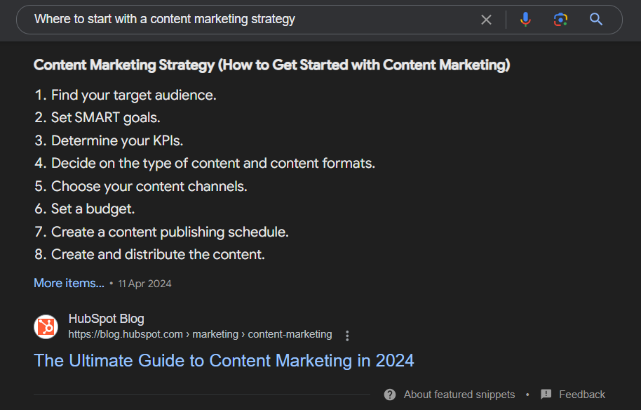 A screenshot of a featured snippet for the search term, 'Where to start with a content marketing strategy'