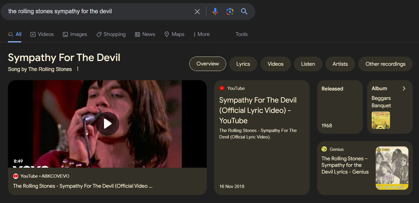 A screenshot of a Featured Video for the search term, 'the rolling stones sympathy for the devil'