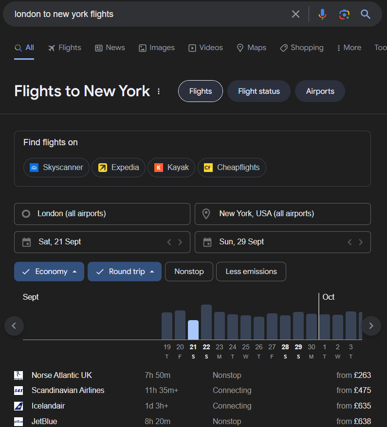 A screenshot of the Flights SERP feature