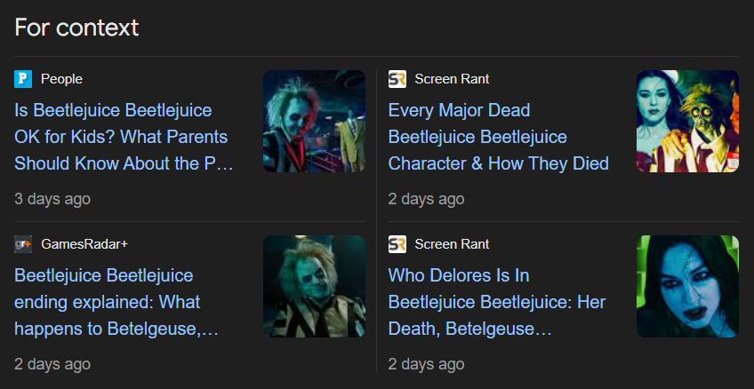 A screenshot of the 'For context' extension for the search term, 'beetlejuice 2'