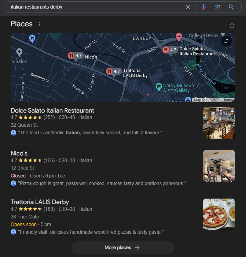 A screenshot of a Local 3-Pack SERP feature for the query, 'italian restaurants derby'