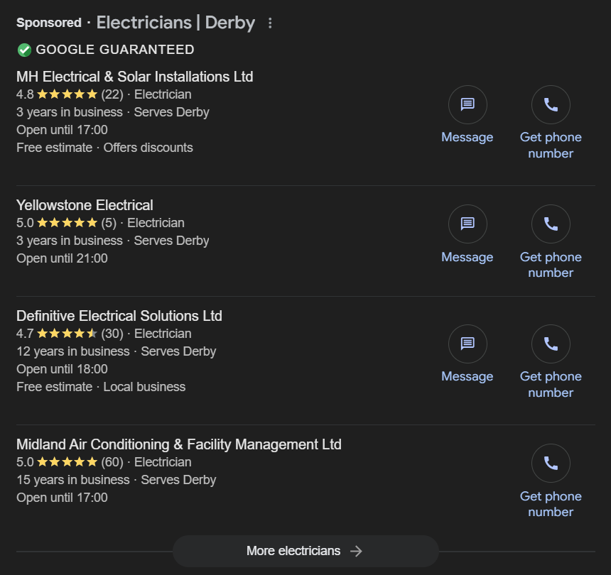 A screenshot of Local Services Ads for the search term, 'electricians derby'