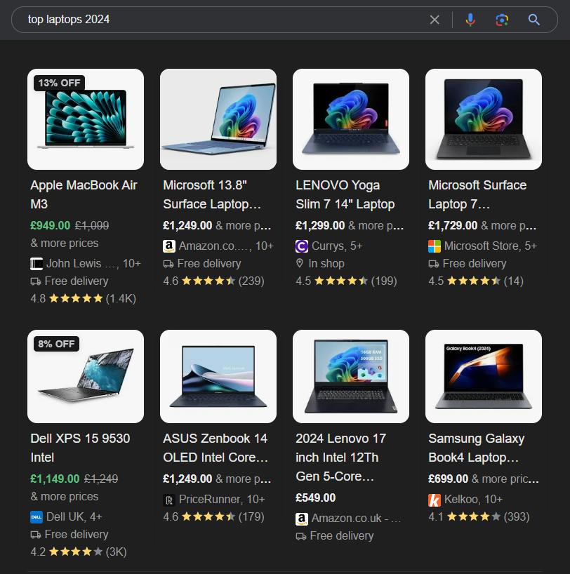 A screenshot of the Google Merchant Listings SERP feature for the query, 'top laptops 2024'