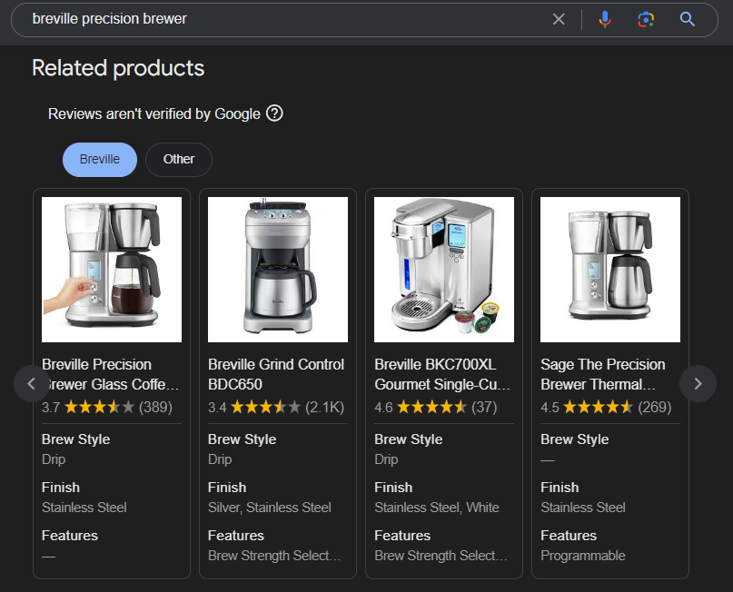 A screenshot of the Related Products SERP feature for the query, 'breville precision brewer'