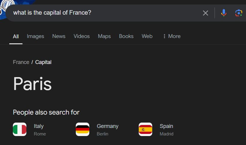 A screenshot of a Rich Answer for the query 'what is the capital of France?'