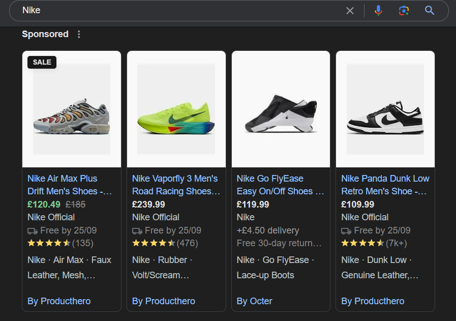 A screenshot of Google Shopping Ads for Nike trainers