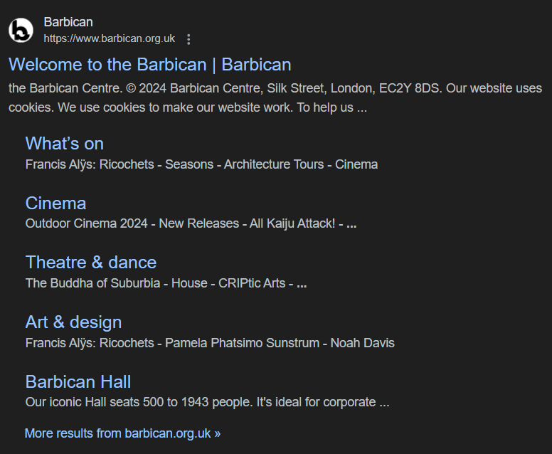 A screenshot of the Site Links SERP Feature for the Barbican website