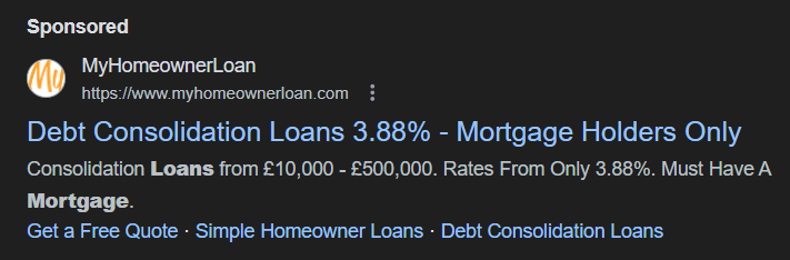 A screenshot of a Google Text Ad for a debt consolidation website