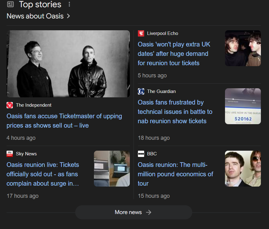 A screenshot of a Top Stories feature about the reunion of the band Oasis