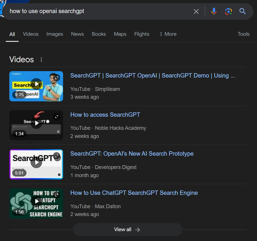 A screenshot of a Video Carousel for the query, 'how to use openai searchgpt'