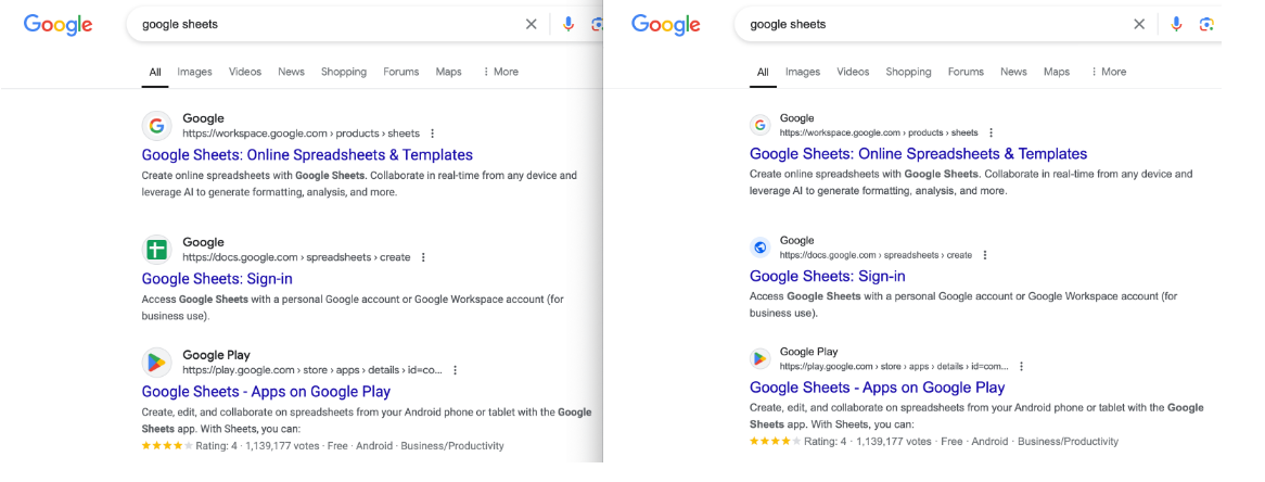 A side-by-side comparison of Google's SERPs pre- and post-enlargement of site names and favicons