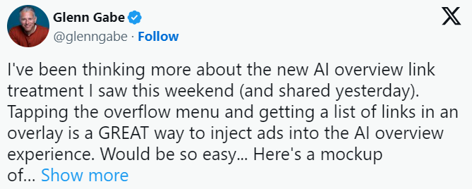 Glen Gabe's X post on potential ad placement in AI Overviews