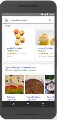 A graphic of a mobile phone showing a Rich Cards result for the query 'cupcakes recipes'