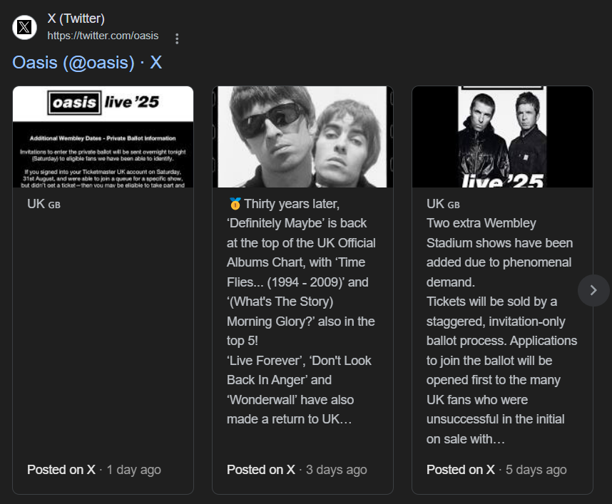 A screenshot of the X SERP feature for the Oasis reunion