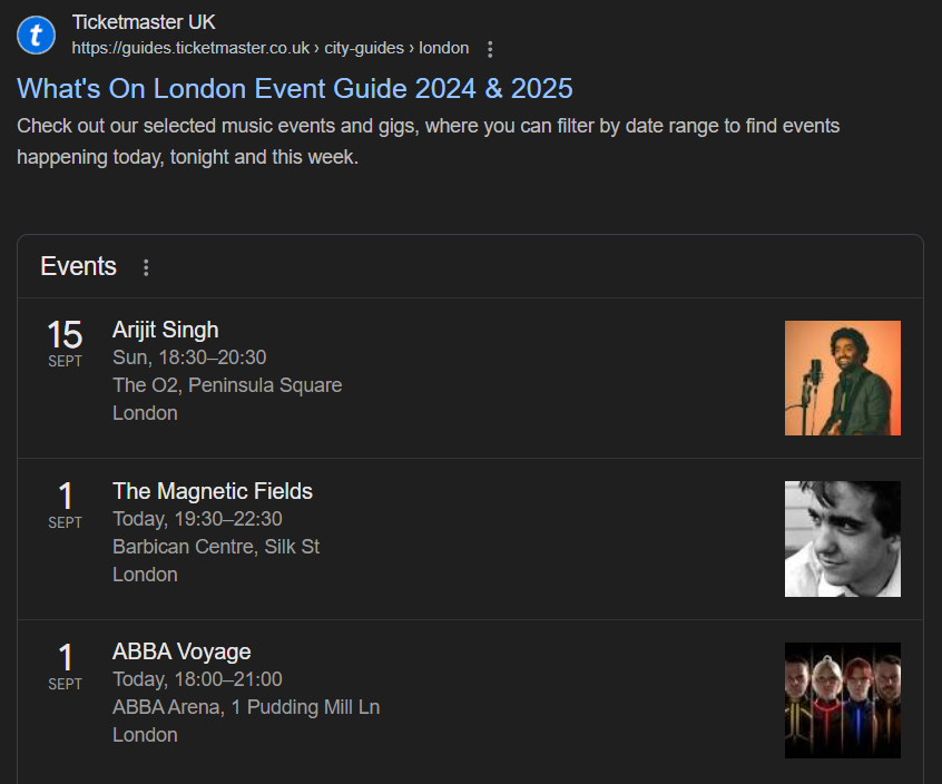 A screenshot of a Rich Snippet showing Ticketmaster events