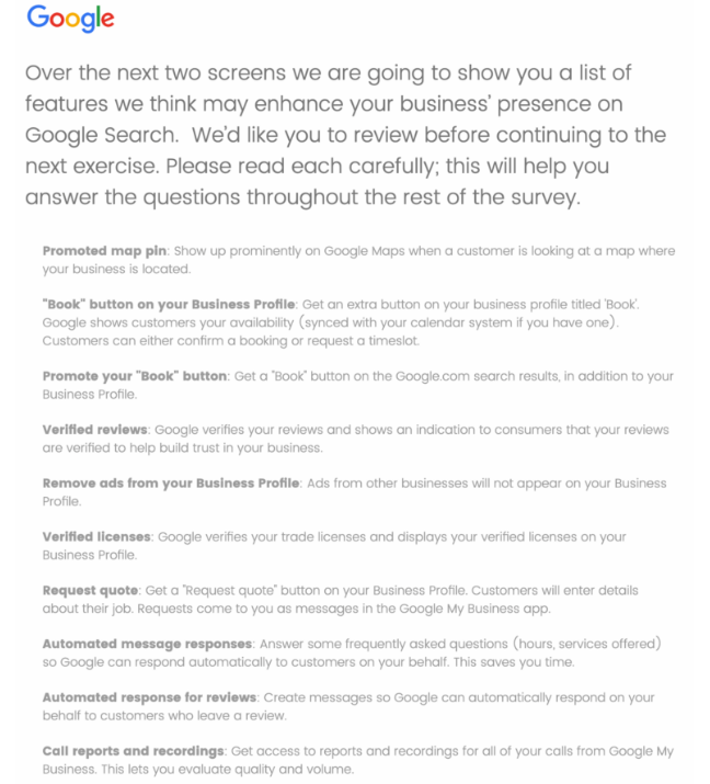 The first page of Google's survey, showing a list of 10 prospective premium GBP features.