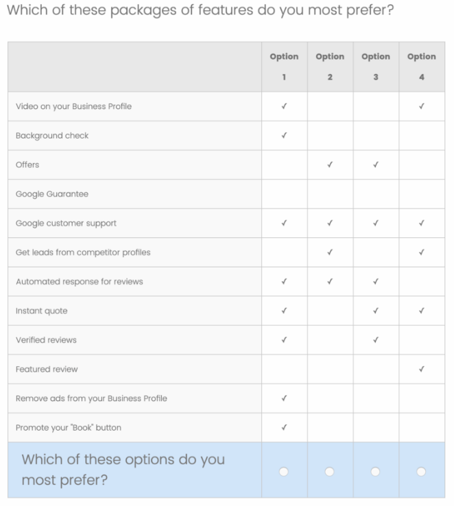 Feature package options in the Google survey.