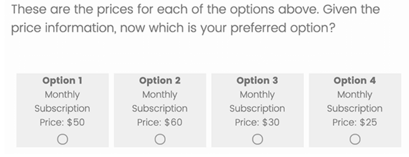 The pricing information of the feature packages in the Google survey.