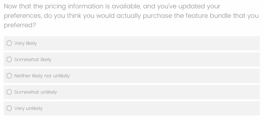 The final question in the Google survey, asking respondents if they'd pay for their selected feature bundle.