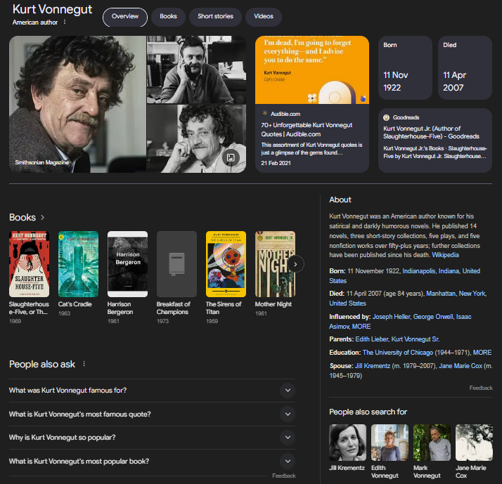 A screenshot of a Knowledge Panel for the author Kurt Vonnegut