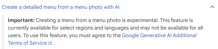 Screenshot of Google's warning about the quality of AI generated menus